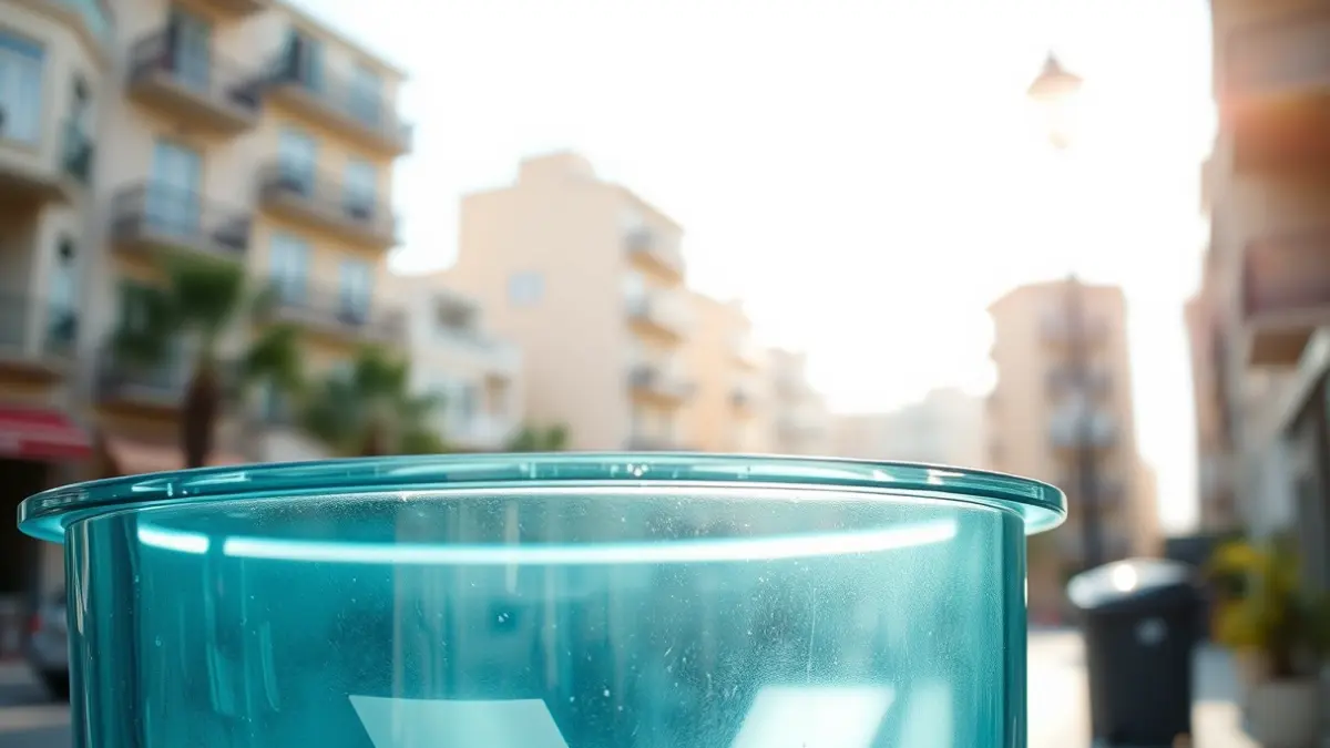 Imagen genérica de un contenedor de reciclaje de vidrio en un entorno urbano mediterráneo.