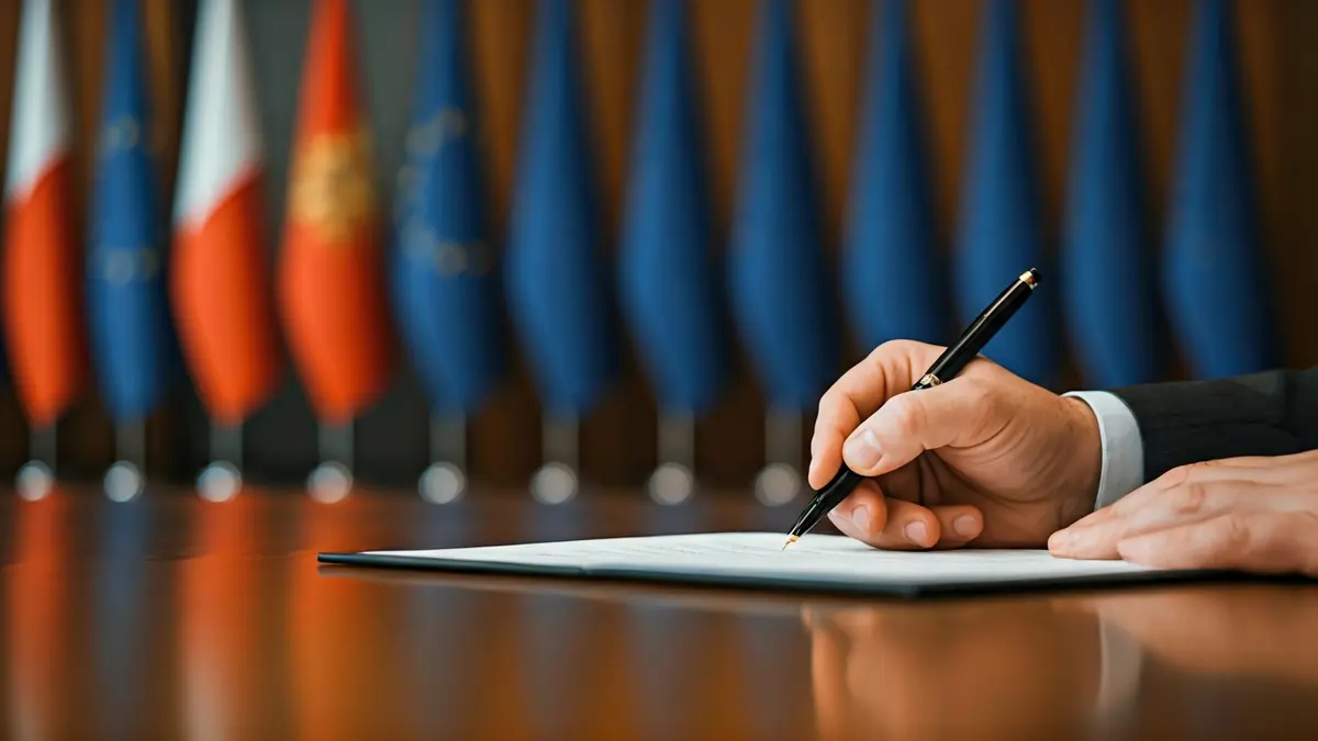 Imagen genérica de manos firmando un documento, con banderas de la Unión Europea desenfocadas al fondo.