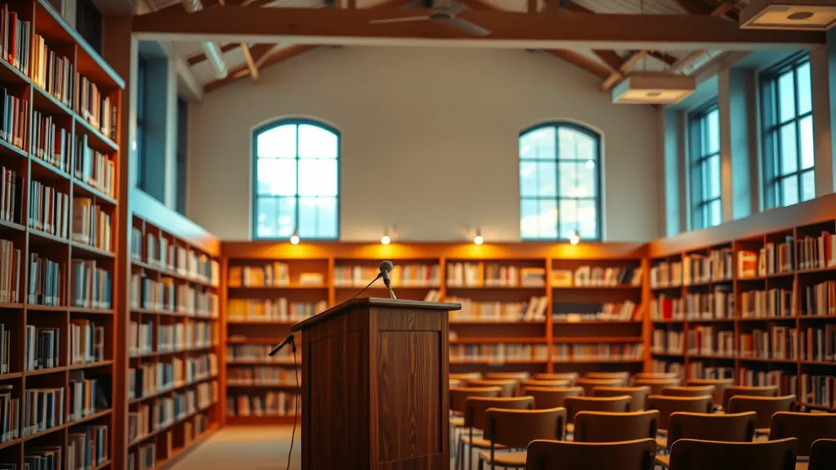 Imagen genérica de un interior de biblioteca con estanterías de madera y un micrófono en un podio.