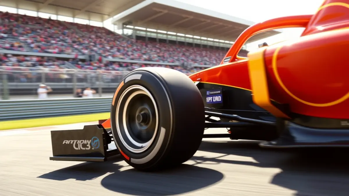 Generic image of a racing car wheel on a track, with blurred grandstand in the background.