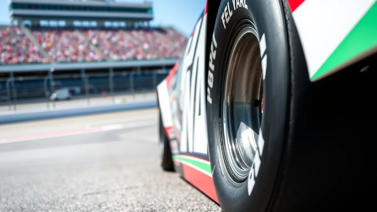 Generic image of a racing car tire on a track, with blurred grandstands in the background.