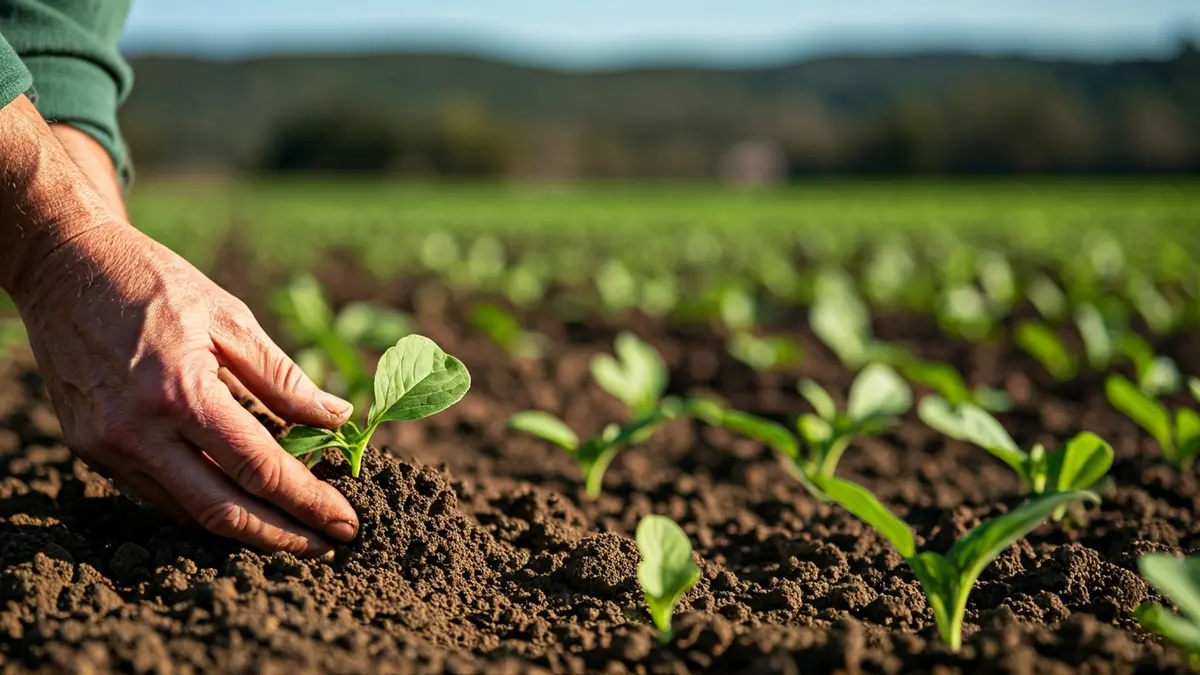 Imagen genérica de unas manos de agricultor trabajando la tierra en un campo.