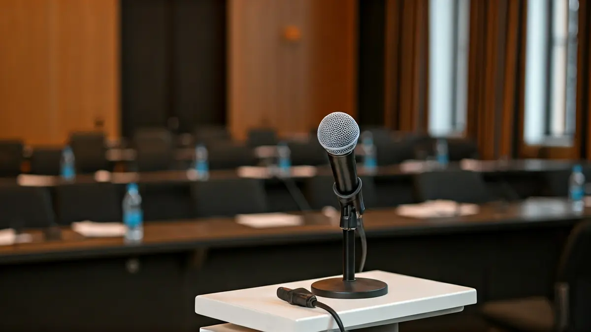 Imatge genèrica d'un micròfon en un faristol en una sala de conferències.
