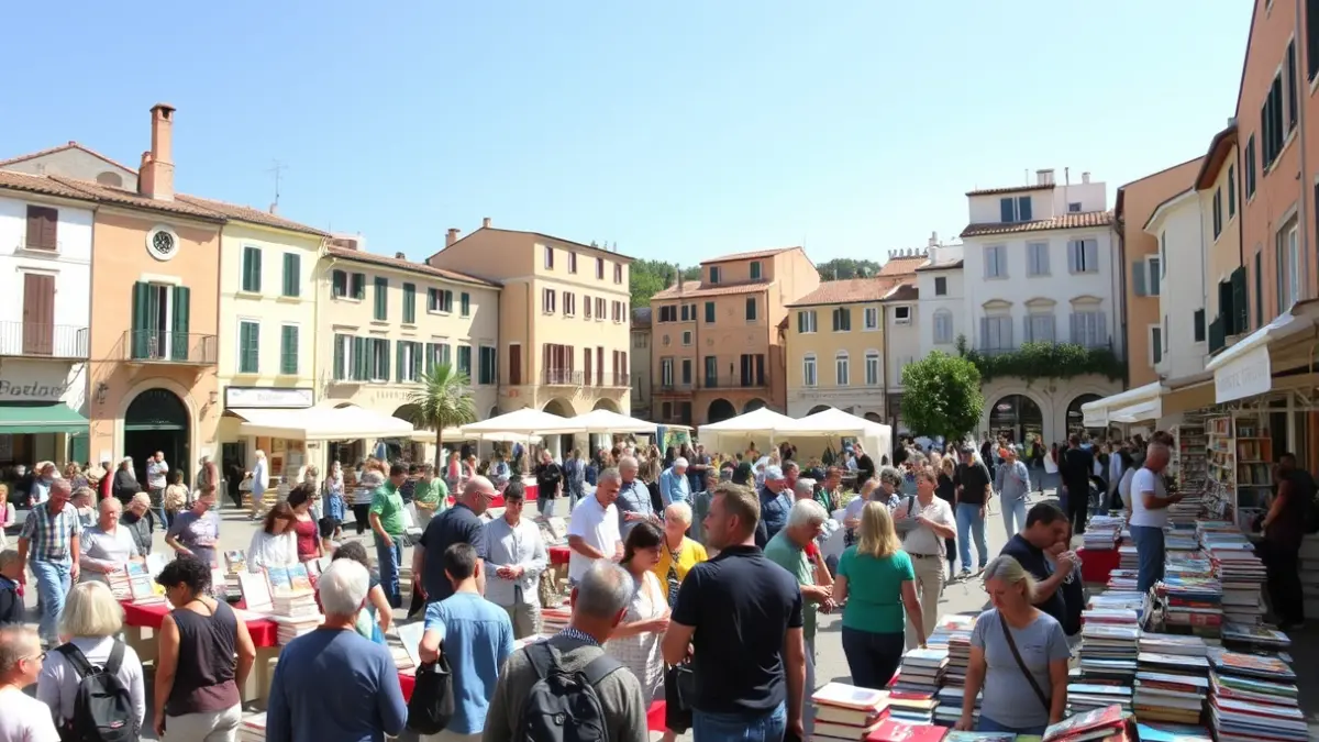 Imatge d'una fira del llibre en una plaça, amb gent buscant llibres i participant en activitats culturals.