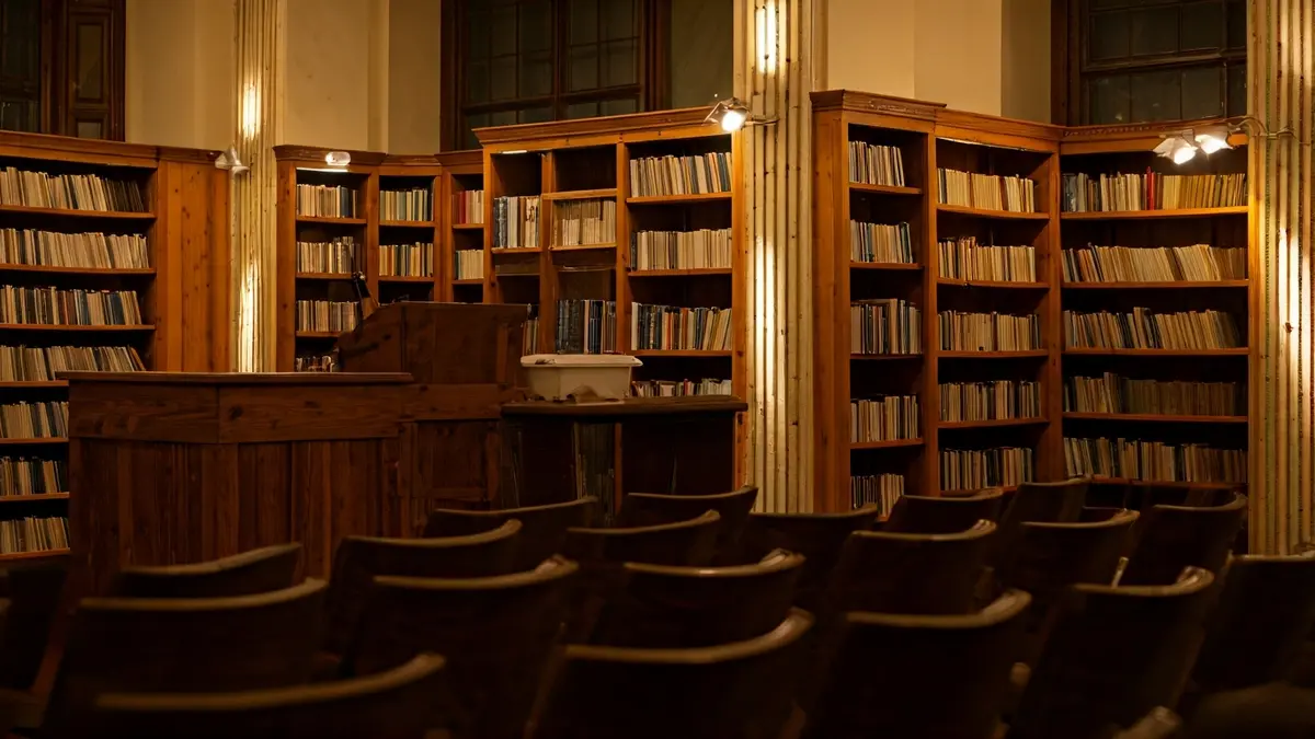 Imatge genèrica d'una sala de presentació de llibres amb prestatgeries de fusta i un faristol amb micròfon.