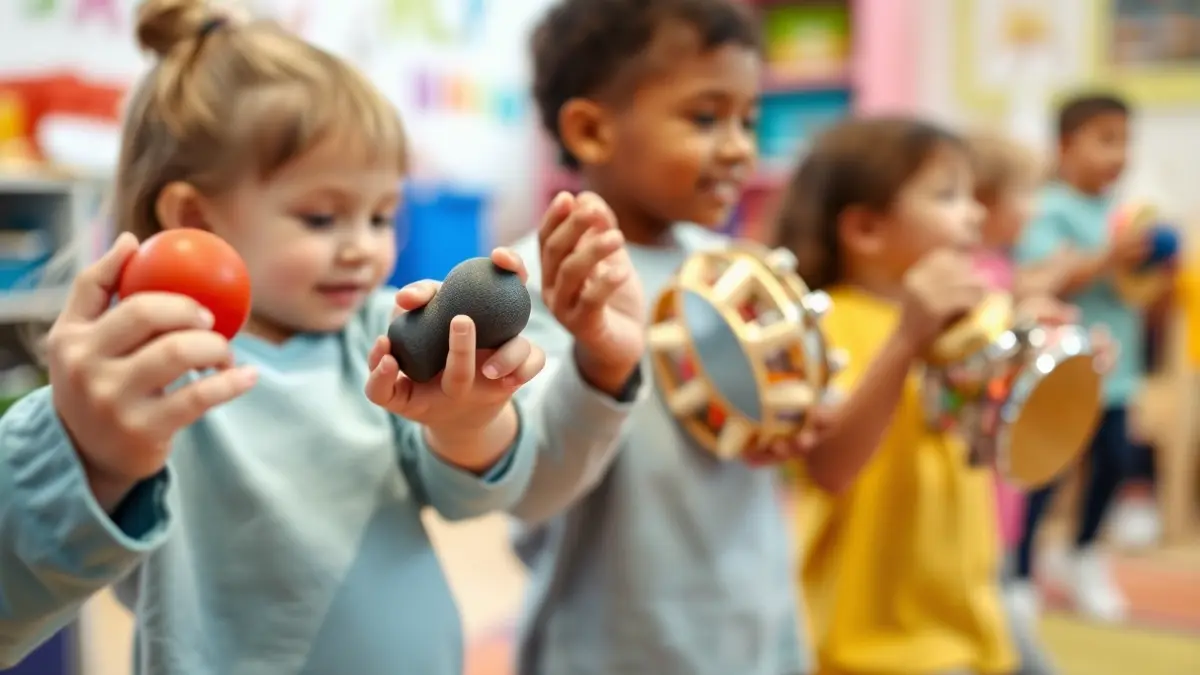 Imagen genérica de manos de niños tocando instrumentos musicales en un ambiente lúdico.