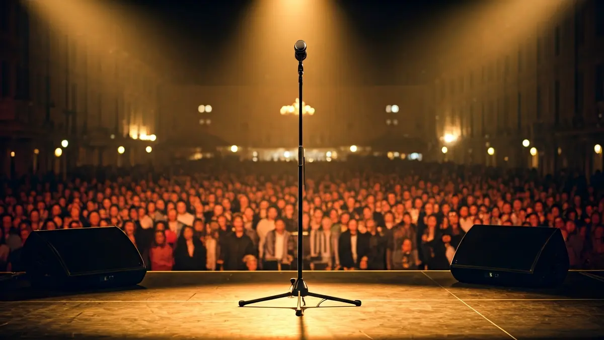 Generic image of a stage with a microphone and warm lights, with a blurred audience in the background.