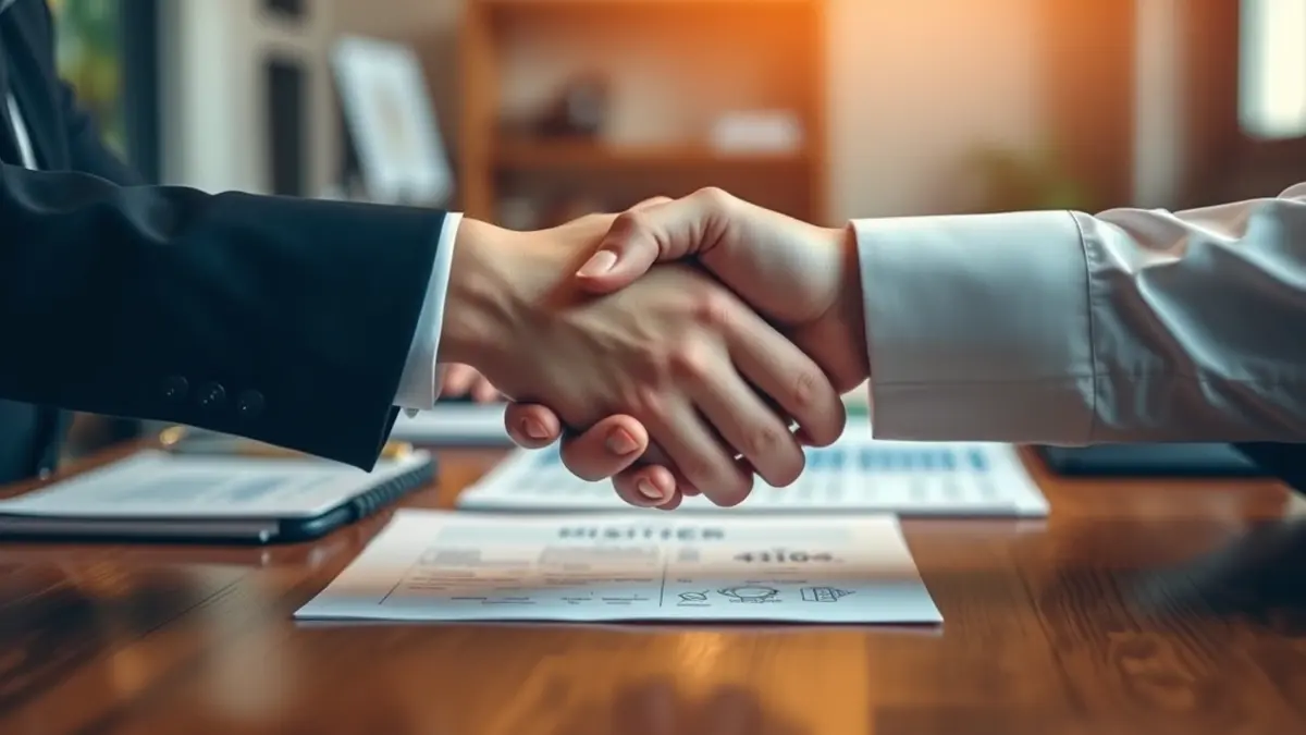 Generic image of two professionals shaking hands in an office setting, symbolizing a new partnership.
