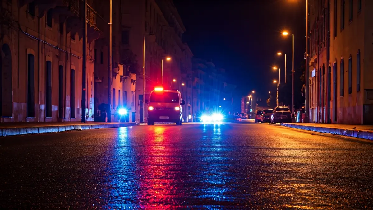 Imatge genèrica de llums d'emergència reflectint-se sobre l'asfalt mullat de nit.