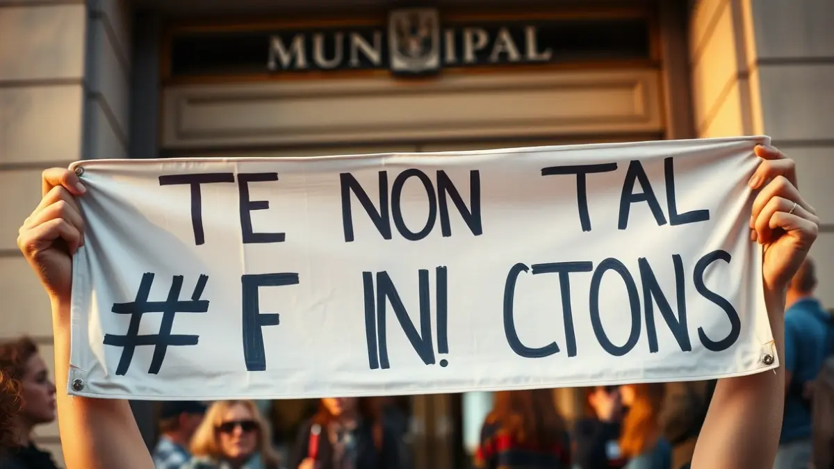 Imagen de una pancarta de protesta frente a un edificio municipal, con figuras borrosas al fondo.