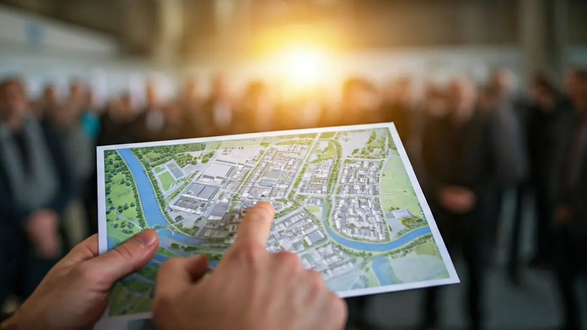 Image of a hand pointing at a map showing an industrial project and a river.