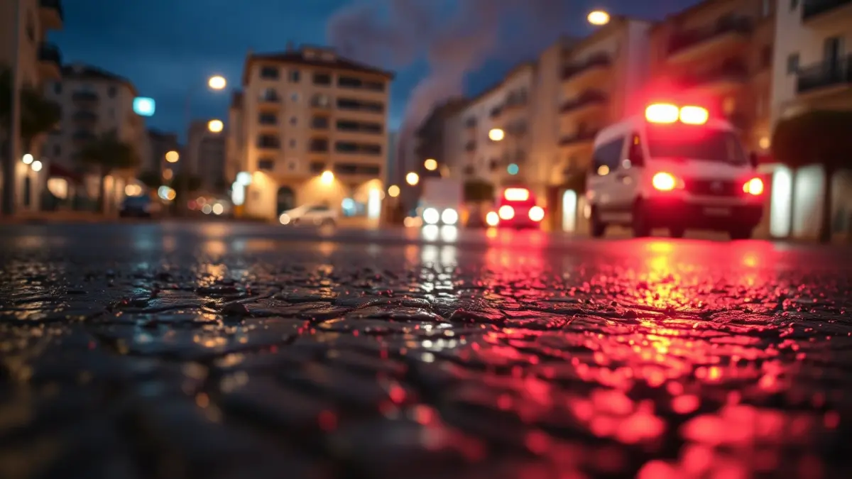 Emergency image with lights reflecting on asphalt and smoke in the distance.