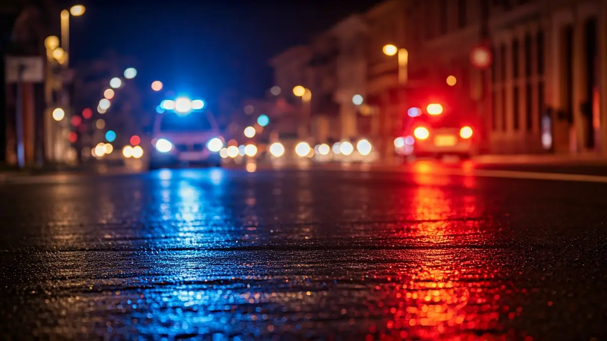 Generic image of emergency lights reflecting on wet asphalt at night.