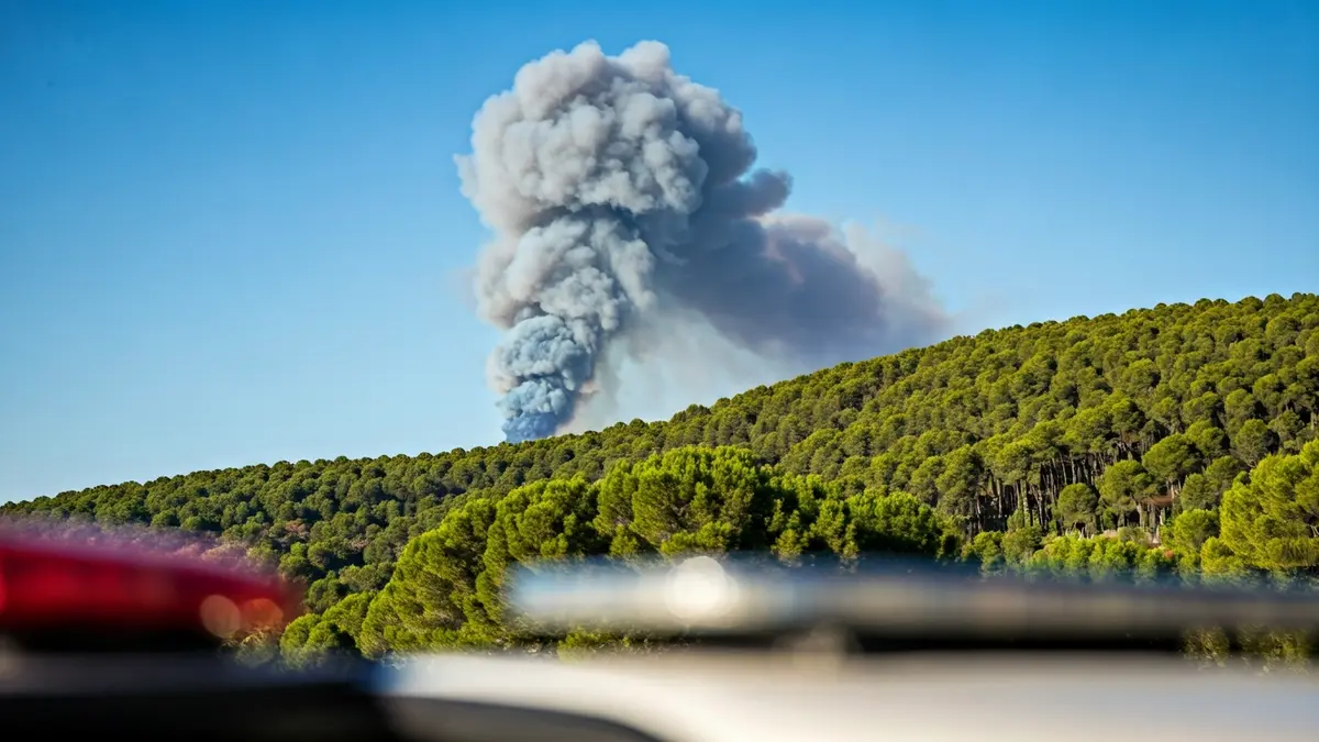Imagen de una columna de humo gris elevándose sobre un bosque de pinos verde en un paisaje mediterráneo, con luces de emergencia borrosas en primer plano.