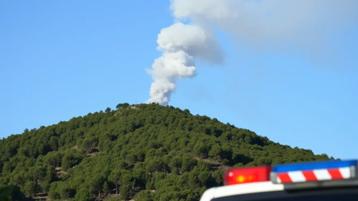 Image of a grey smoke column rising over a Mediterranean landscape, with blurred emergency lights in the foreground.