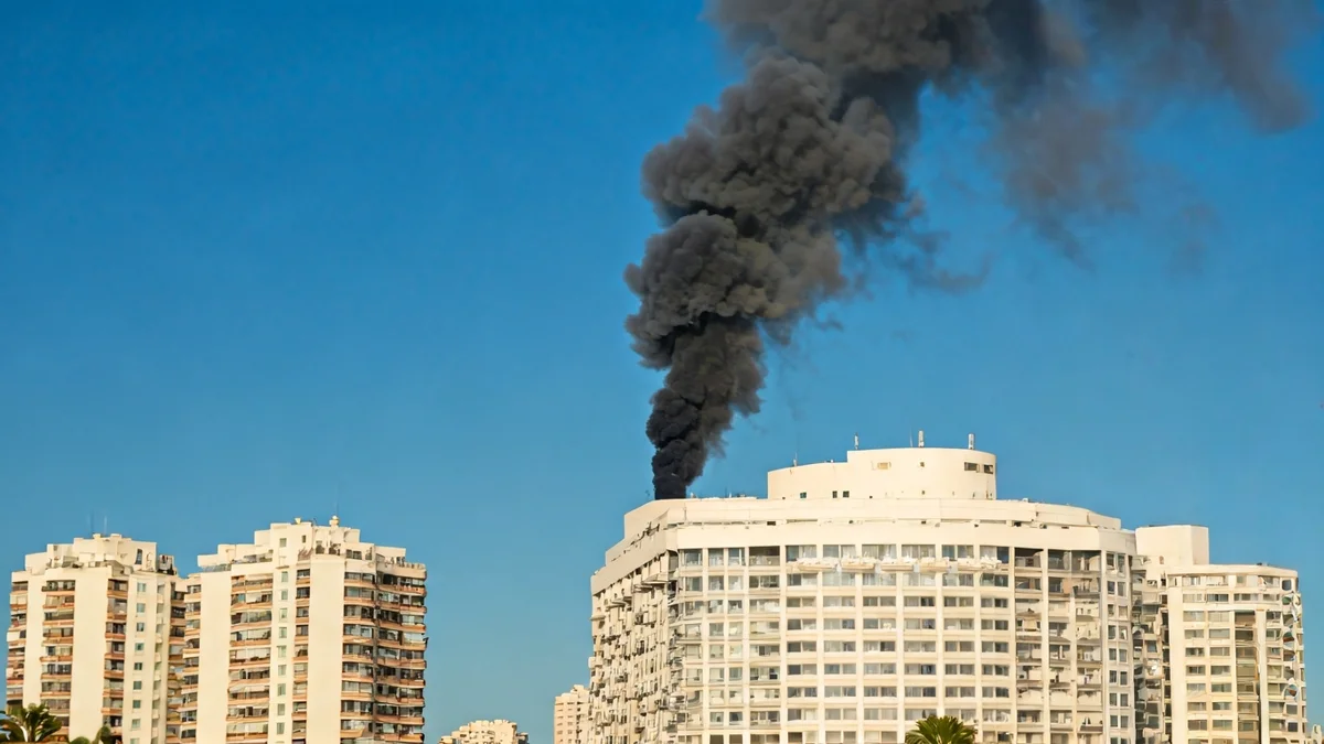 Image of a smoke column behind a modern building in Alicante.