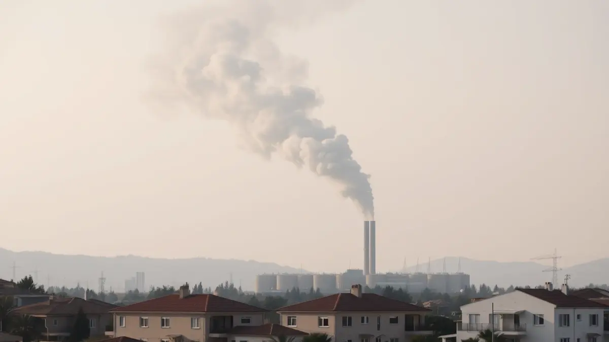 Image of a column of grey smoke rising from an industrial recycling plant, with residential houses in the foreground, in a Mediterranean landscape.