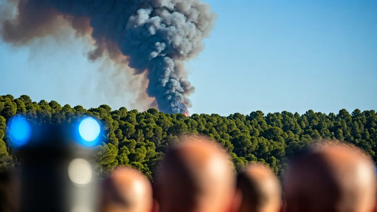 Generic image of a column of smoke over a Mediterranean forest with blurred emergency lights.