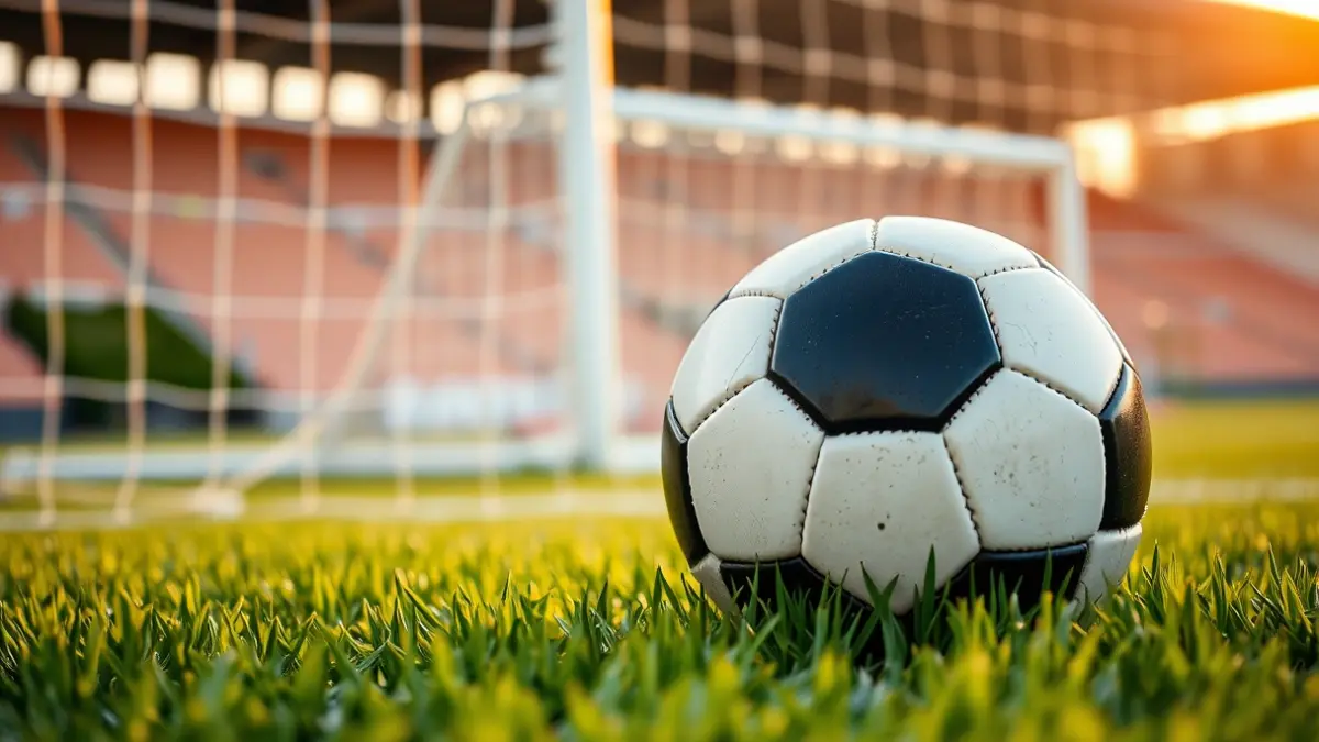 Generic image of a soccer ball on a field, with the goal blurred in the background.