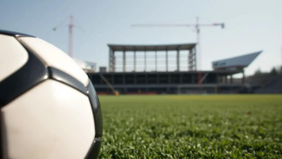 Imatge d'un baló de futbol en un camp, amb obres d'un estadi al fons, simbolitzant el projecte de construcció.