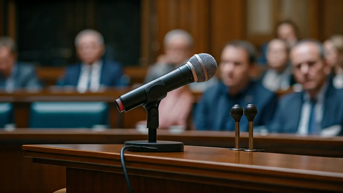 Imagen genérica de un micrófono en un atril en un entorno parlamentario, simbolizando un debate político.