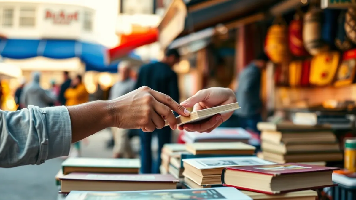 Generic image of book exchange in a market, with hands passing books and blurred background.