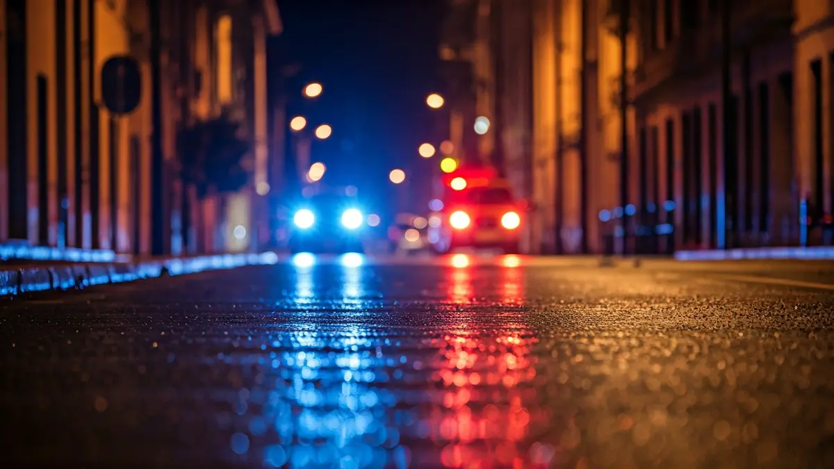 Generic image of emergency lights reflecting on wet asphalt at night.