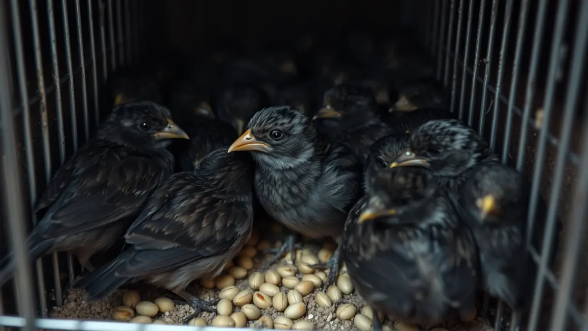 Image of birds in a cage, in unsanitary conditions, during illegal transport.