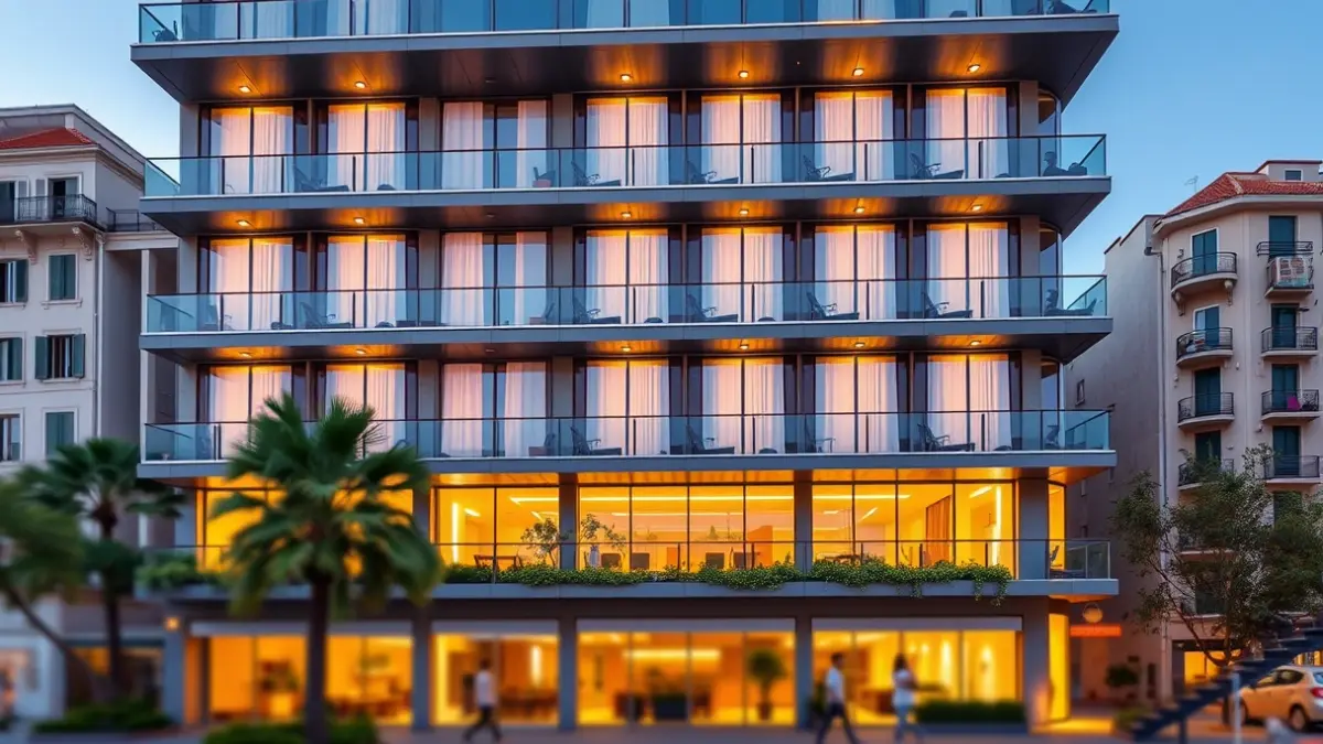 Imatge d'un hotel modern de quatre estreles en una plaça urbana mediterrània.