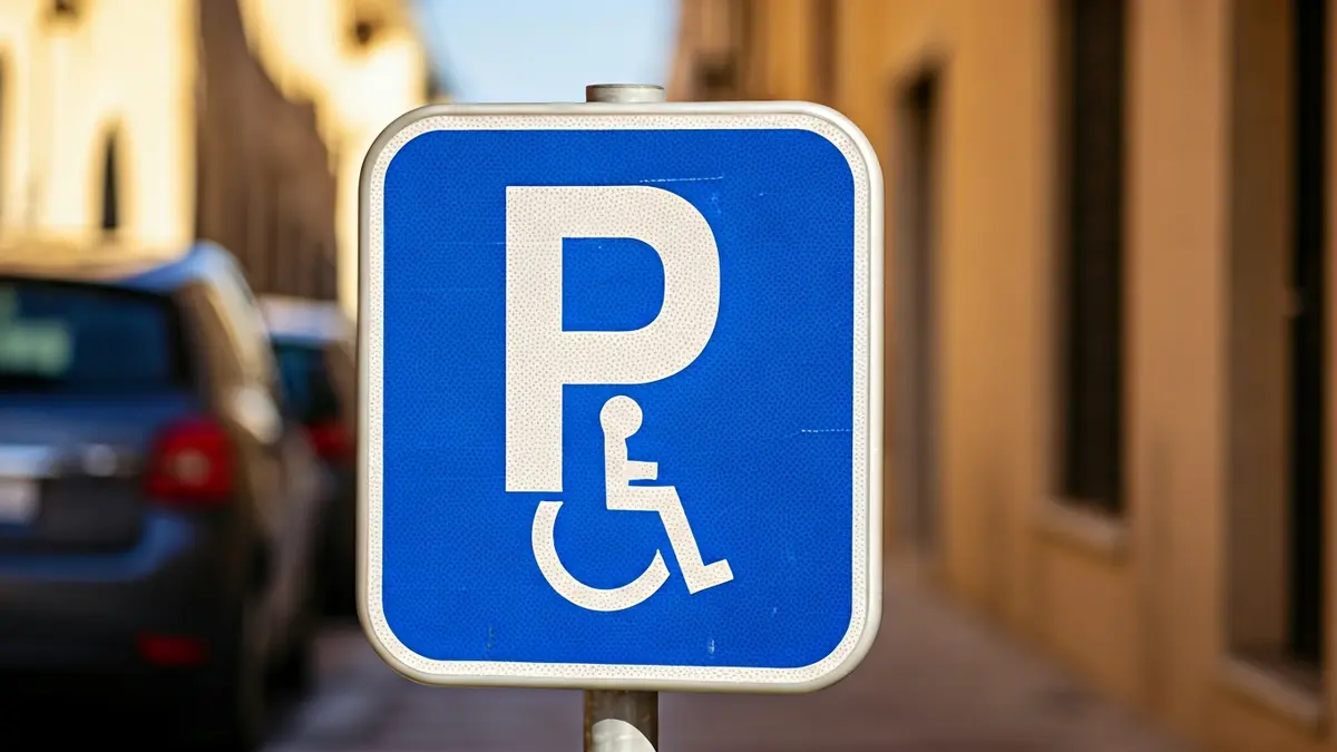 Generic image of a disabled parking sign with a car tire in the foreground.