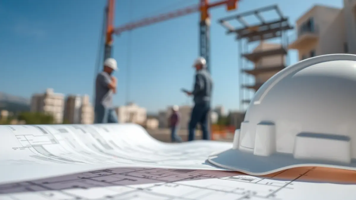 Imagen genérica de un proyecto de construcción con planos y un casco de seguridad.