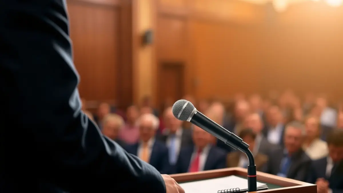 Generic image of a microphone on a podium, representing a debate or conference.