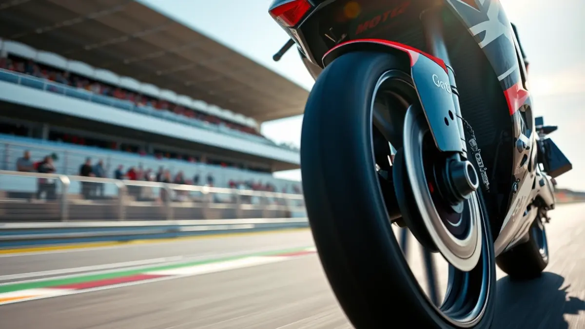 Imagen genérica de una rueda delantera de motocicleta de Moto2 en un circuito de carreras.