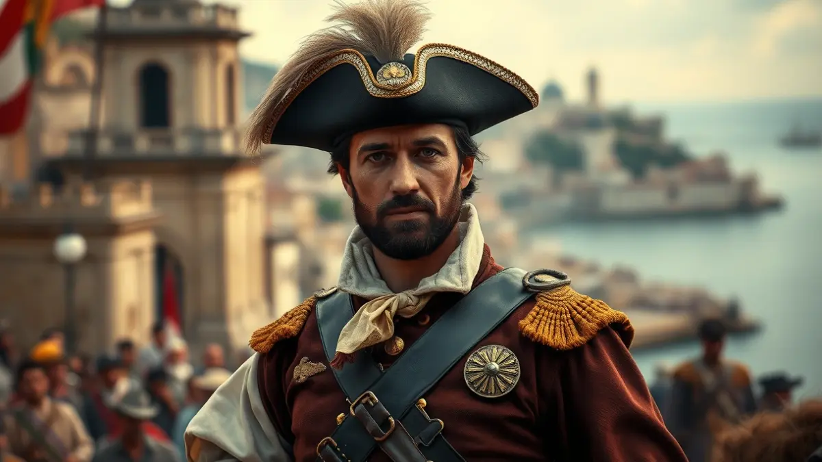 Imatge d'un líder militar del segle XVIII, amb vestimenta d'època, davant d'una ciutat mediterrània borrosa.