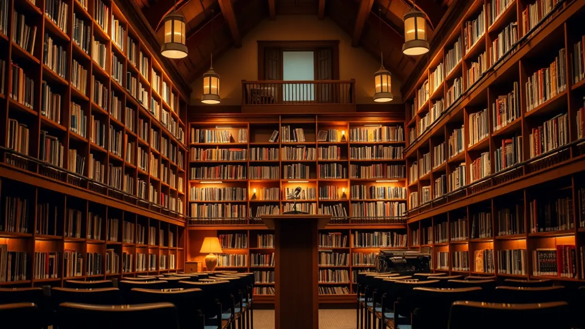 Imatge genèrica d'una biblioteca amb prestatgeries de fusta i un faristol amb micròfon, amb una atmosfera càlida de lectura.