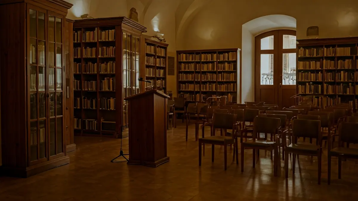 Generic image of a library with wooden bookshelves and a podium with a microphone, with warm lighting.