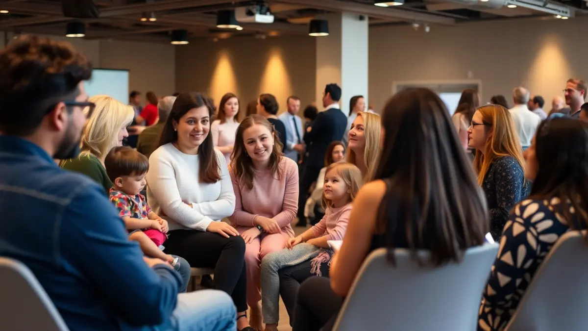 Imatge genèrica d'un grup de famílies, docents i professionals de l'educació reunits en una conferència.