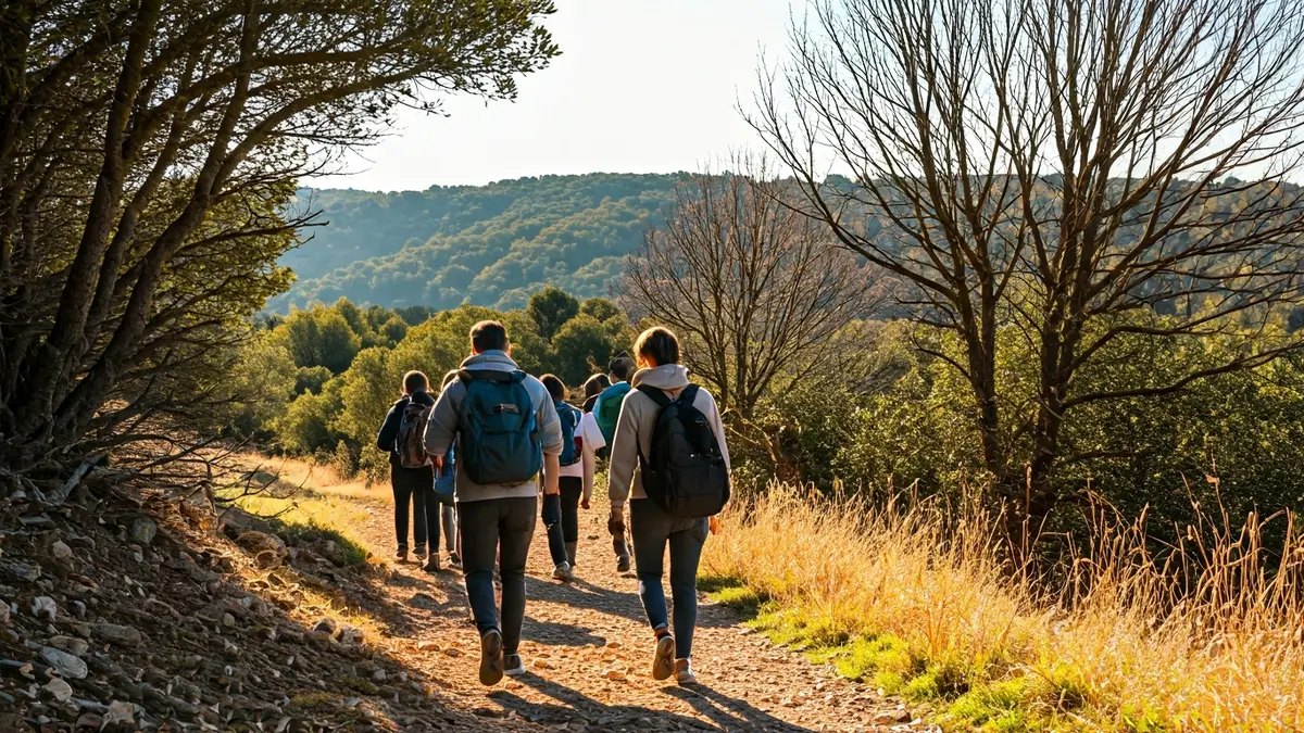 Imatge genèrica de joves caminant per un sender rural en un paisatge mediterrani.