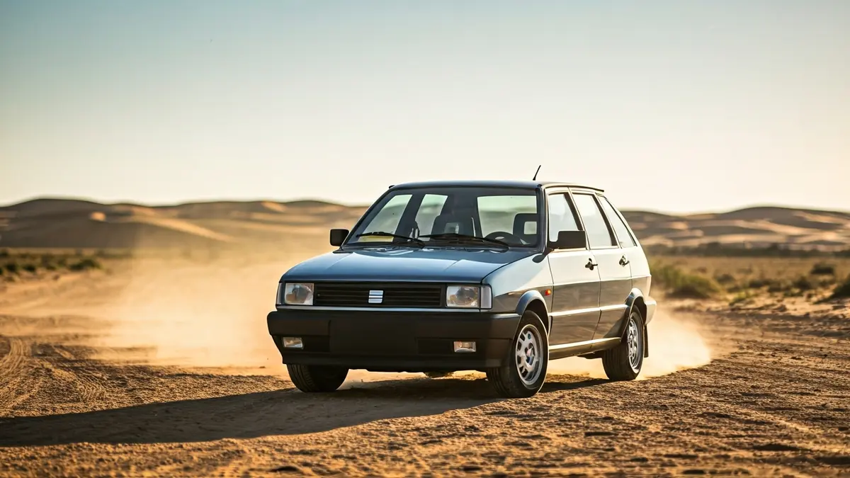 Image of a 1994 Seat Marbella in a desert landscape, symbolizing a solidarity adventure.