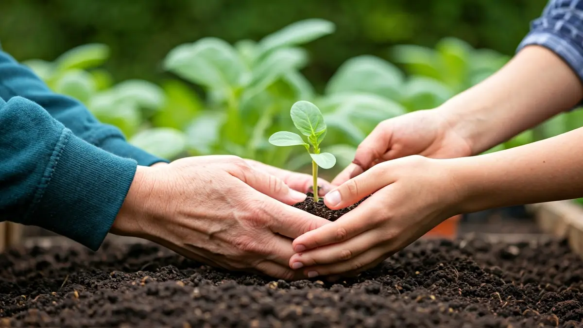 Generic image of hands from different generations working together in a community garden.
