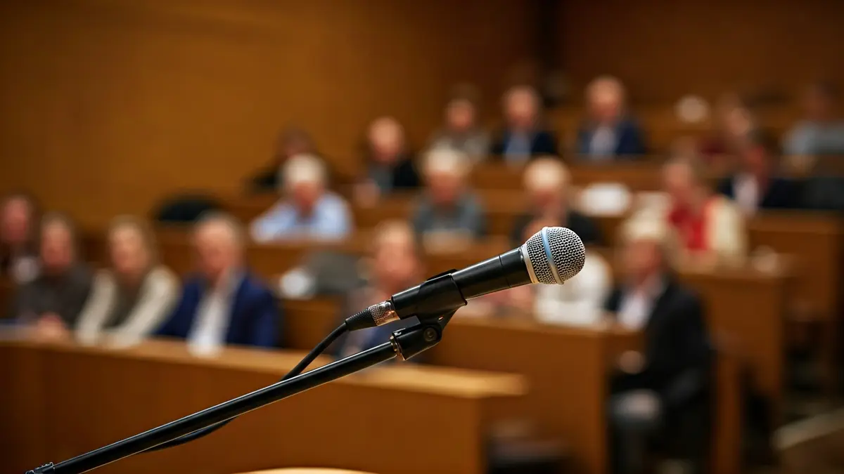 Imatge genèrica d'un micròfon en un faristol universitari, simbolitzant un nomenament o discurs acadèmic.