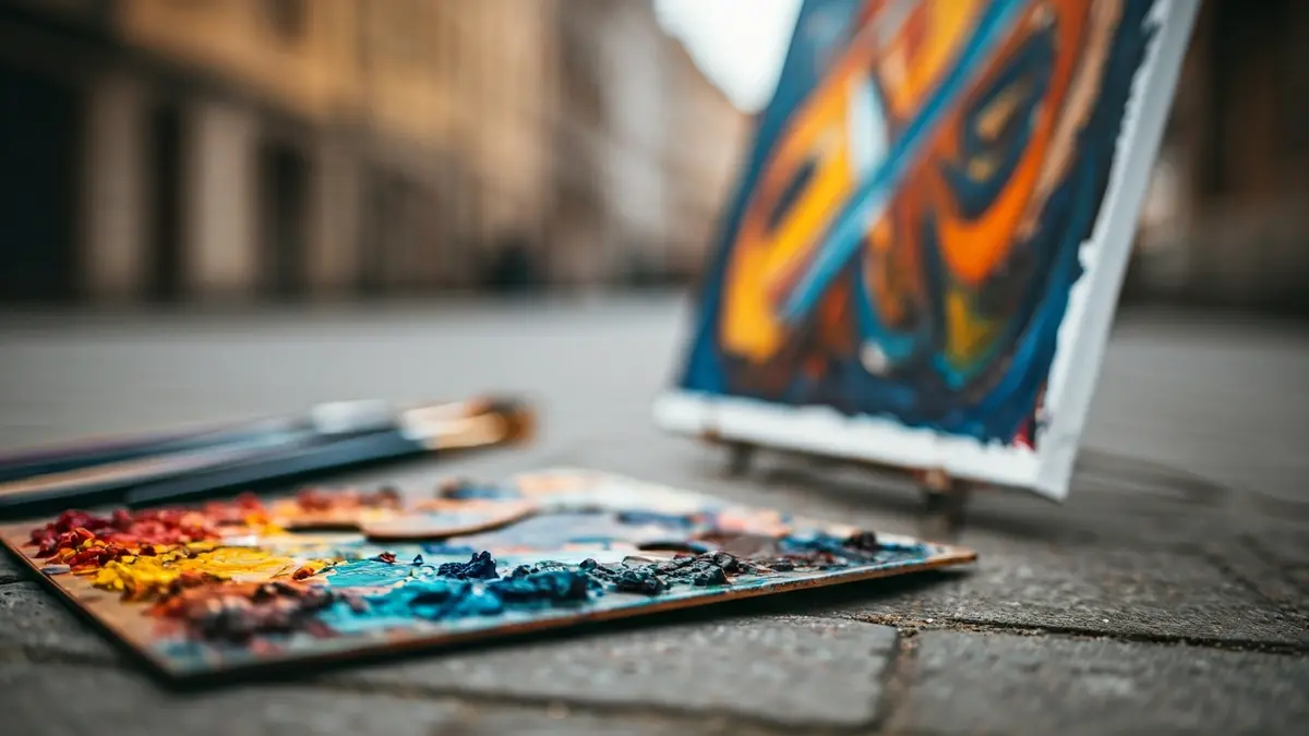 Imatge genèrica d'una paleta de pintor amb colors vius i pinzells, al costat d'un llenç amb una pintura abstracta en procés.