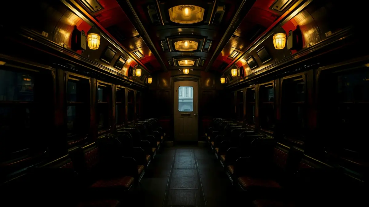 Imagen de un interior de vagón de tren antiguo, con una atmósfera de misterio y suspense.