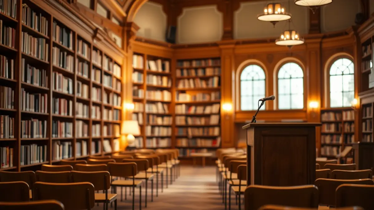 Imatge genèrica de l'interior d'una biblioteca amb prestatgeries de fusta i un micròfon en un faristol.
