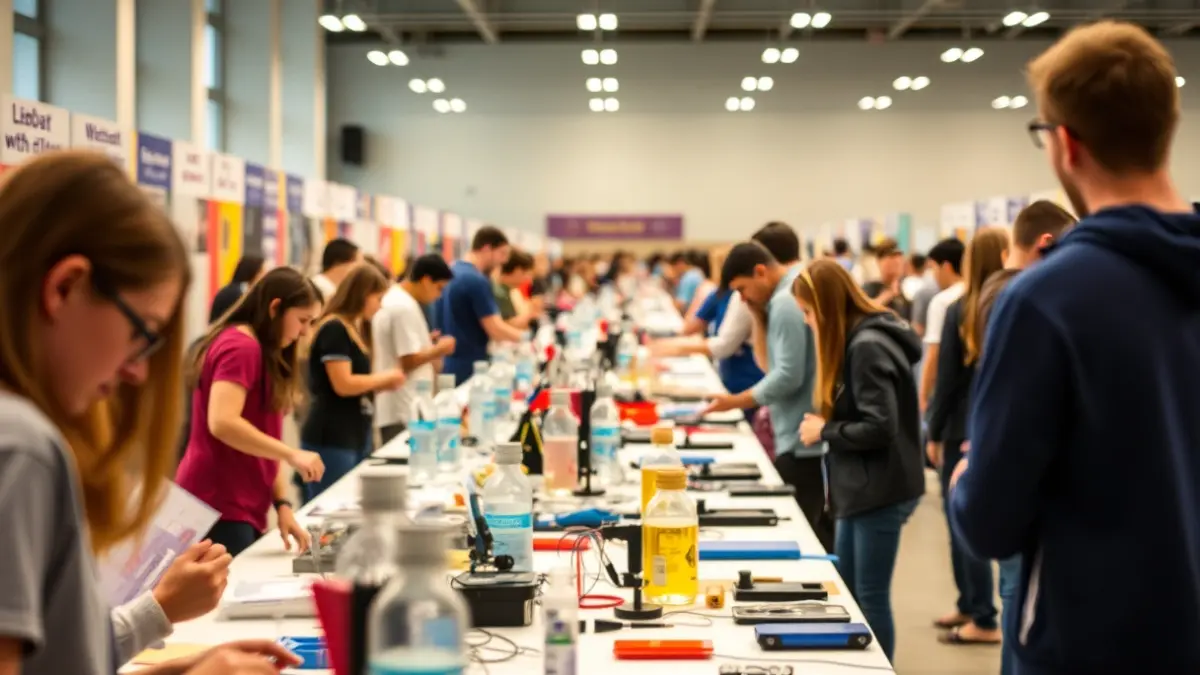 Generic image of a science fair with experimental projects and people interacting.