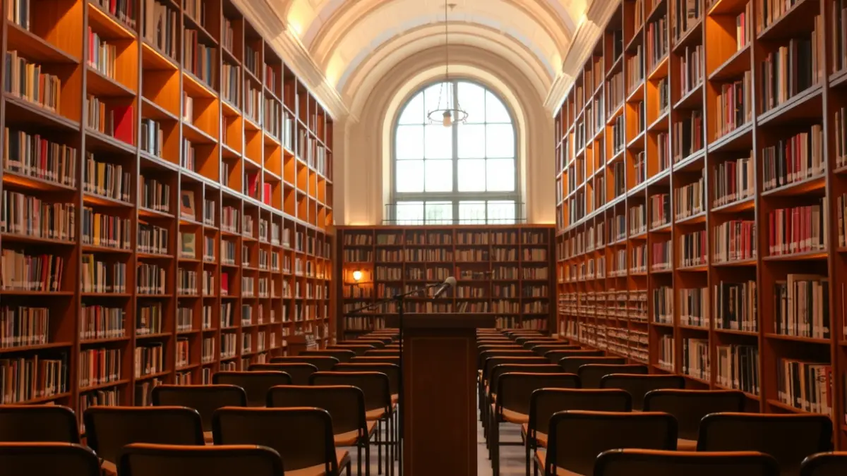 Generic image of a library interior with wooden bookshelves and a podium with a microphone, with warm lighting.