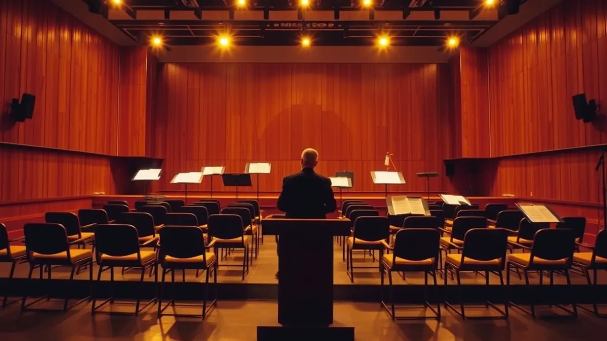 Imatge genèrica d'un escenari buit amb cadires i faristols, il·luminat per focus càlids, abans d'un concert.