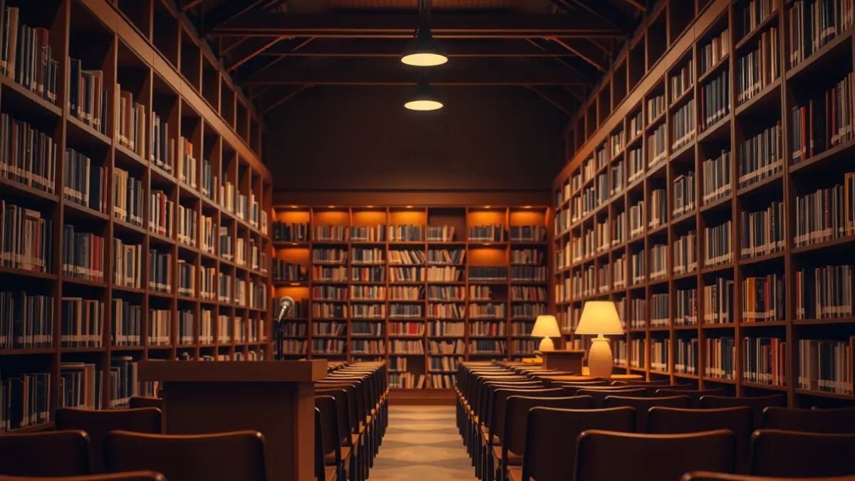 Generic image of a library with bookshelves full of books and a cozy atmosphere.