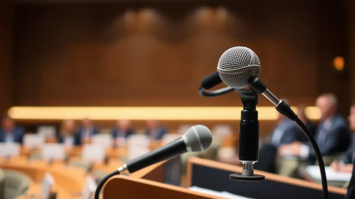 Imagen genérica de un micrófono en un atril, representando un anuncio público o debate.