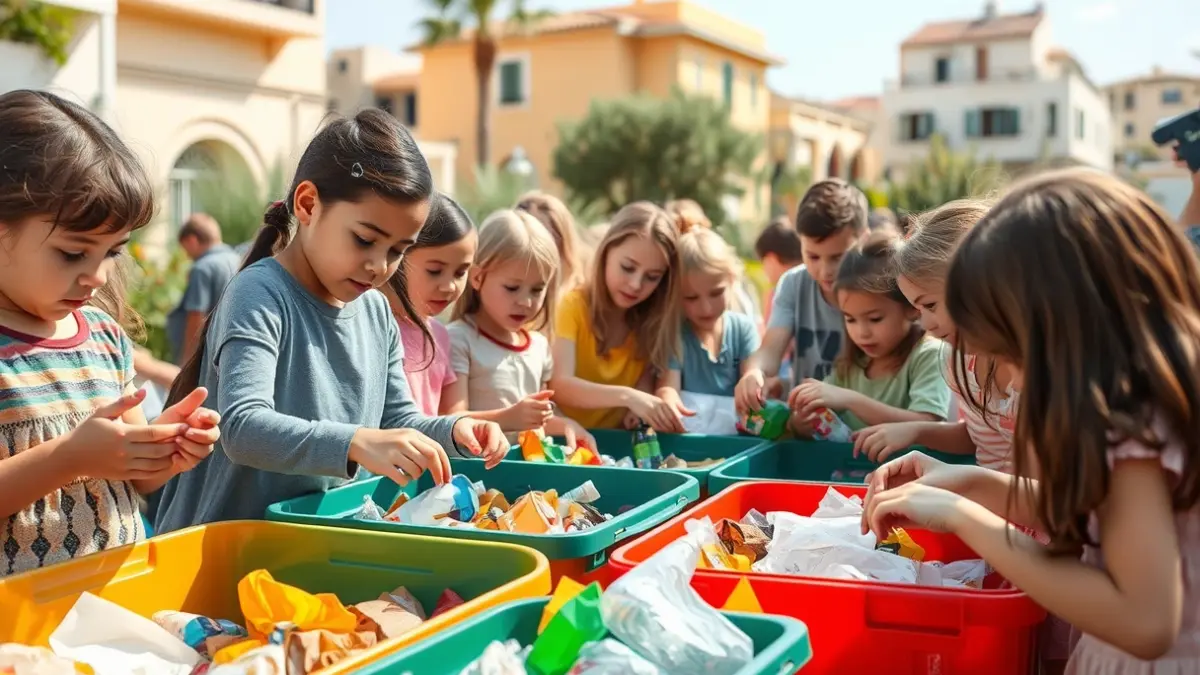 Generic image of children and families participating in a community recycling event, sorting waste into colorful bins, with a Mediterranean urban background.